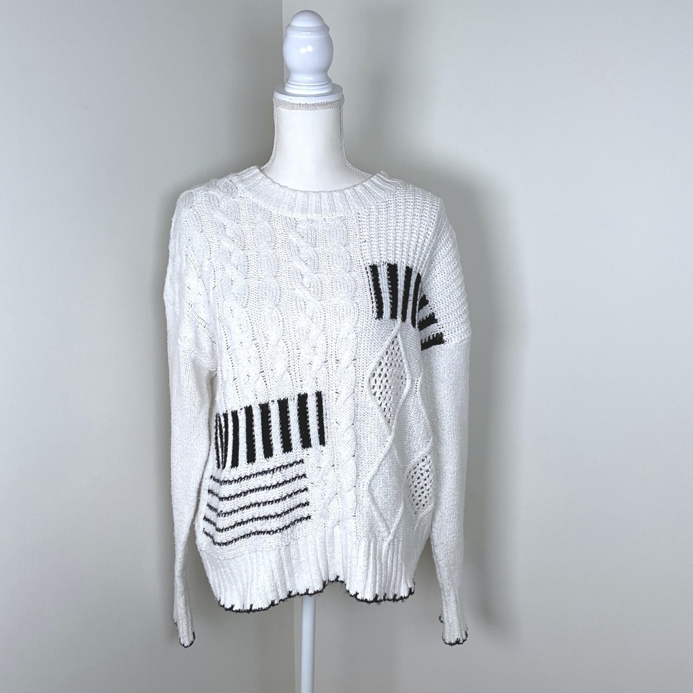 BKE Oversized White Cable Knit Sweater XS Black Stripe Patchwork Pullover‎